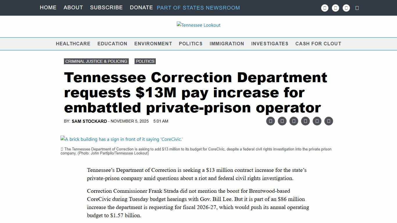 Tennessee Correction Department requests $13M pay increase for embattled private-prison operator • Tennessee Lookout